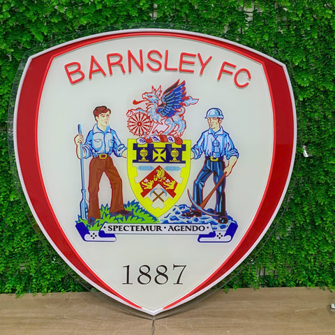 A large Barnsley FC shield-shaped wall sign featuring the club crest, red lettering, and the year 1887, mounted against a green artificial hedge wall.
